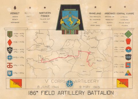 1945 World War II Route Map of the 186th Field Artillery Battalion in Europe