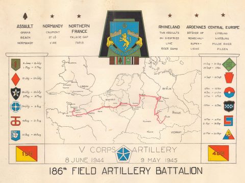 1945 World War II Route Map of the 186th Field Artillery Battalion in Europe