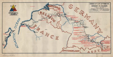 1945 Davis World War II 20th Armored Division Pictorial Route Map of Europe