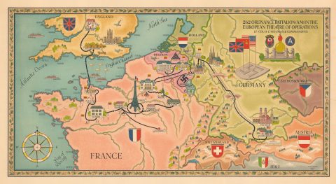 1945 Leonhard Pictorial WWII Route Map of the 262nd Ordnance Battalion in Europe