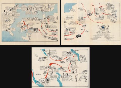 1945 29th Infantry Division World War II Pictorial Route Map of Europe