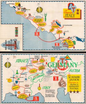 1945 World War II Pictorial Route Map of Italy, France, Germany (36th Infantry Division)