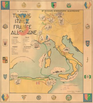 1945 WWII Route Map of the 3rd Algerian Infantry: Africa, Italy, France, Germany