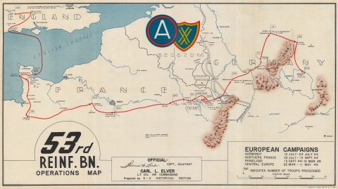 1945 World War II 53rd Reinforcement Battalion Route Map of Europe