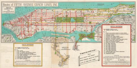 1956 Geographia Map of Fifth Avenue Coach Lines Bus Routes, Manhattan, NYC