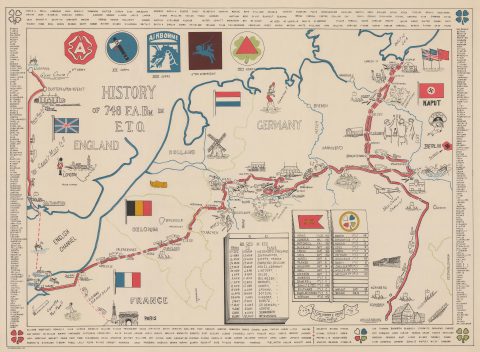 1945 World War II Pictorial Unit Route Map of the 748th Field Artillery Bn. in Europe