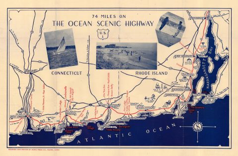 1935 Mono Press Pictorial Highway Map of Coastal Connecticut and Rhode Island
