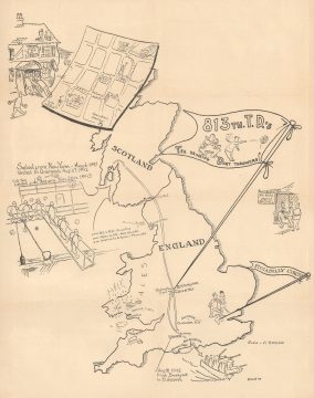1945 Glueck Pictorial Map of the 813th Tank Destroyer Battalion in the U.K. During WWII