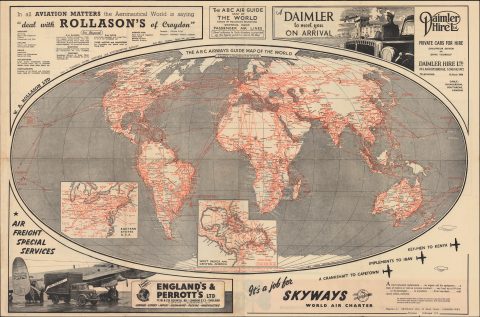 1950 ABC Air Guide World Map of Passenger Air Routes