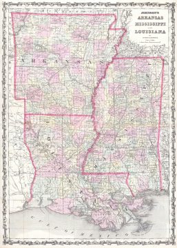 1861 Johnson Map of Mississippi, Louisiana & Arkansas