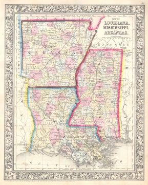 1864 Mitchell Map of Louisiana, Mississippi and Arkansas