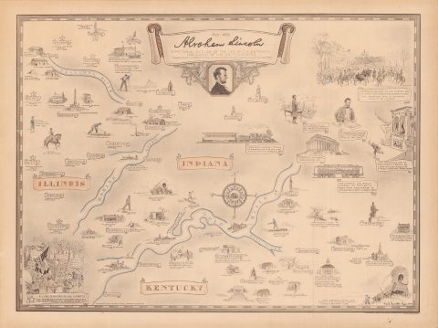 1934 Karl Smith Map of the Life of Abraham Lincoln, Illinois, Indiana, Kentucky