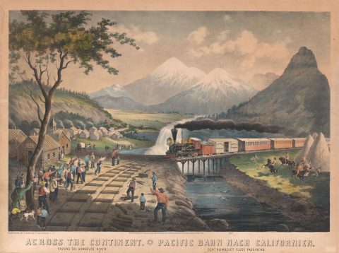 1870 Schile Westward Expansion View of Train Crossing the Humboldt River