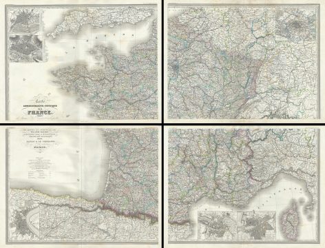 1860 Dufour Wall Map of France (Set of 4 maps)