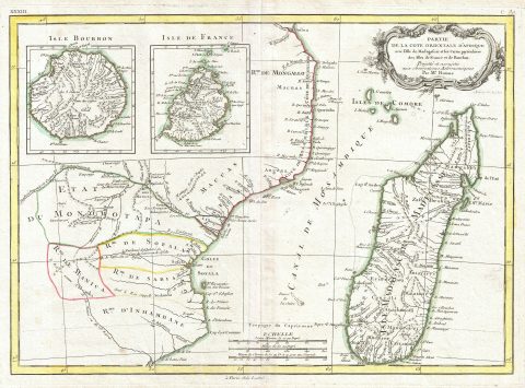 1770 Bonne Map of East Africa, Madagascar, Isle Bourbon and Mauritius (Mozambique)