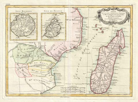 1770 Bonne Map of Mozambique, Madagascar, Réunion, and Mauritius