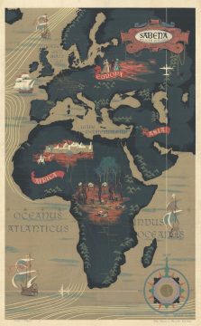 1950 Claude Dohet Pictorial Aviation Map of Africa for Sabena Belgian Airlines