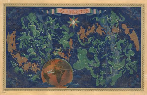 1950 Lucien Boucher Air France Double Hemisphere Celestial (Surrealist)