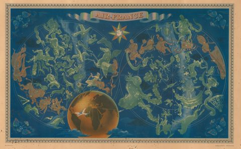 1951 Lucien Boucher Air France Double Hemisphere Celestial Map of the Constellations