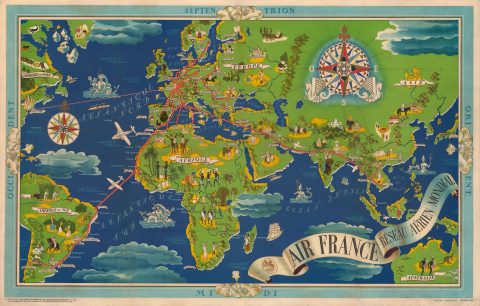 1937 Boucher Pictorial Air France Route Map of the World