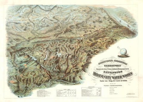 1868 Laass Map and View the Waterworks West of Albany, New York