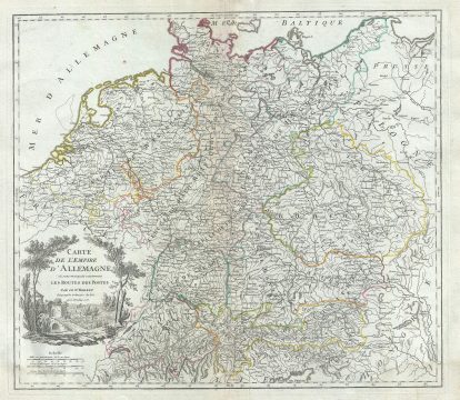 1757 Vaugondy Map of the Empire of Germany showing Postal Routes