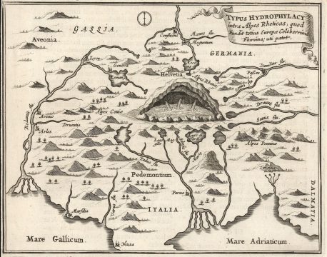 1665 Kircher Map of Underground Oceans Below the Alps