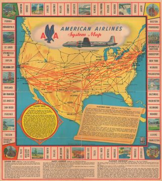 1955 Milton Bradley Map of the United States and American Airlines Routes