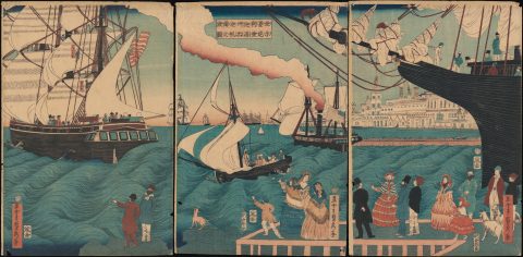 1862 Sadahide View of American Ships Departing California