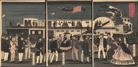 1861 Yoshikazu Ukiyo-e Triptych of an American Steamship at Yokohama