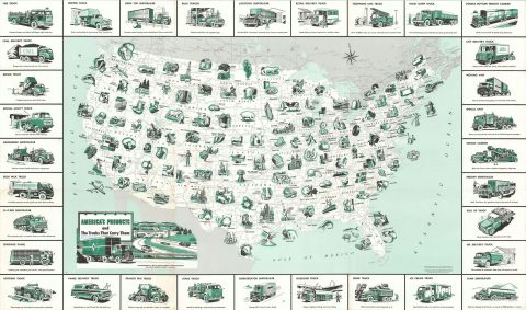 1958 General Drafting Map of the United States, its Products, and Trucks