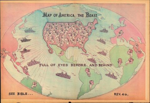 1968 Nation of Islam Map of the World w/ the United States as 'The Beast'