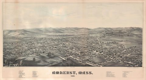 1886 Burleigh Bird's-eye View Map of Amherst, Massachusetts
