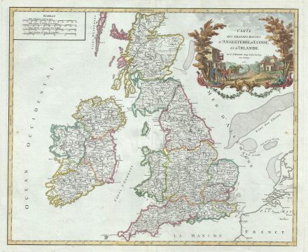 1757 Vaugondy Map of the British Isles (England, Scotland, Ireland) showing Roads