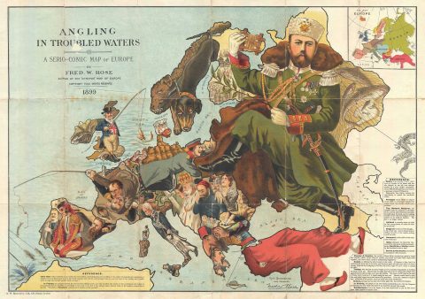 1899 Fred Rose Serio-Comic Map of Europe: Angling in Troubled Waters
