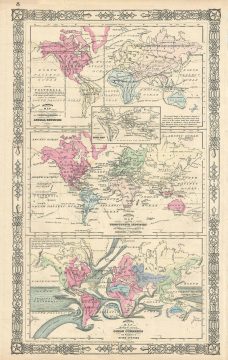 1864 Johnson Map of the World showing the Animal Kingdom, Industries, and Currents