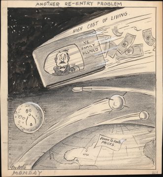 1963 White Manuscript Political Cartoon of the Space Race and the High Cost of Living