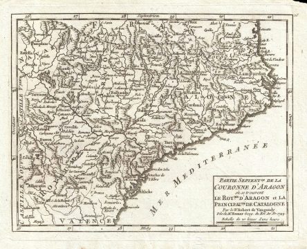 1749 Vaugondy Map of Northern Aragon and Catalonia, Spain