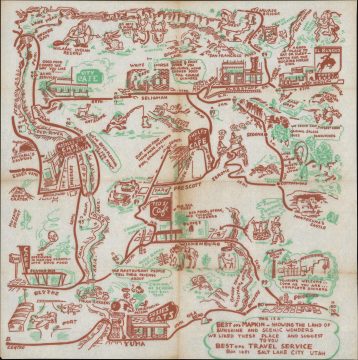 1948 Pictorial Tourist Map of Northwest Arizona Printed on a Napkin