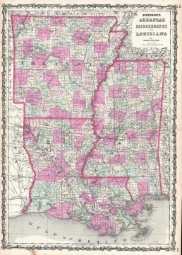 1863 Johnson Map of Arkansas, Mississippi and Louisiana