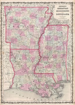 1861 Johnson Map of Arkansas, Mississippi and Louisiana