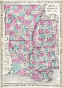 1865 Johnson Map of Arkansas, Mississippi and Louisiana