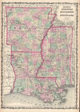 1861 Johnson Map of Arkansas, Mississippi and Louisiana