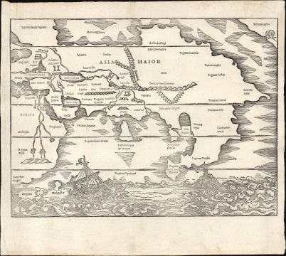 1538 / 1543 Münster Map of Asia, Africa and the Pacific Northwest