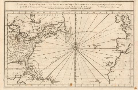 1744 Bellin Map of the Atlantic Ocean and the North American Colonies