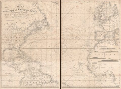 1855 Hobbs Two Sheet Nautical Chart or Maritime of the Atlantic Ocean