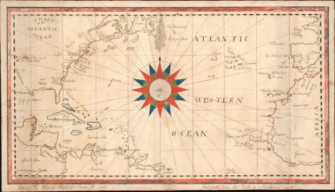 1822 Manuscript Charles Haskell Schoolboy Map of the Atlantic Ocean