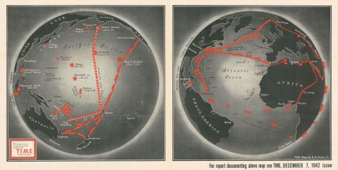 1942 Chapin Map of the Atlantic and Pacific Oceans During World War II