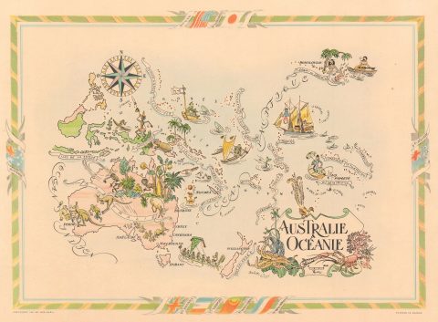 1951 Liozu Pictorial Map of Australia, the East Indies, and Oceania