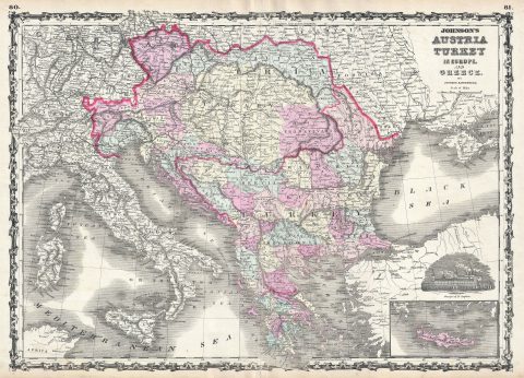 1861 Johnson Map of Austria, Turkey in Europe and Greece